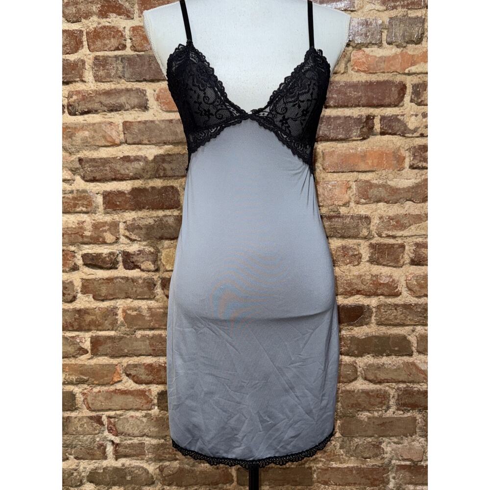VTG Paramour SATIN Gray Black Lace Mini Sz Slip dress Sz Sm Gothic Mad Men EUC